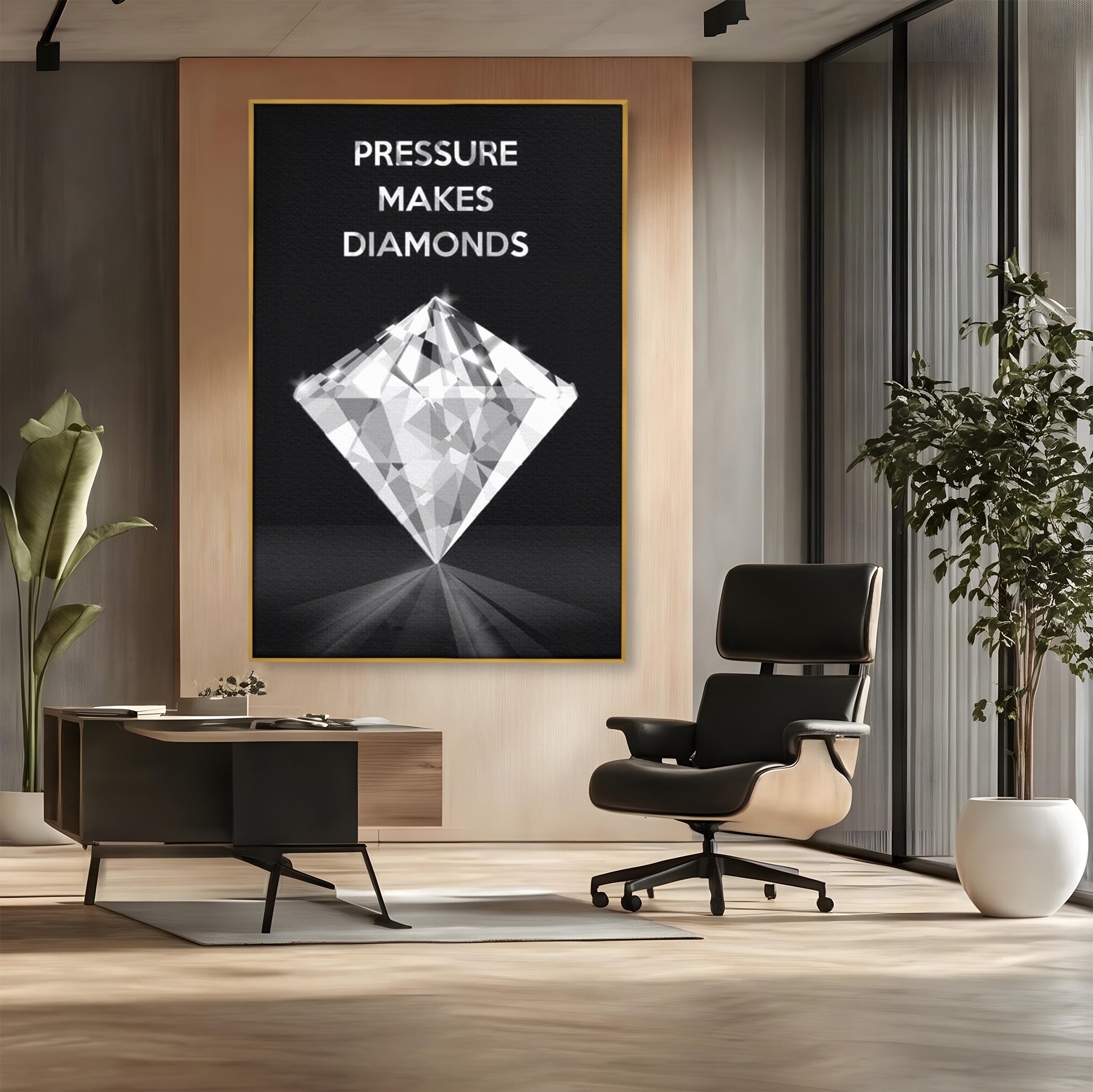 Tablou canvas cu tablou motivational cu diamant argintiu, in rama de aluminiu auriu, pe perete intr-un birou
